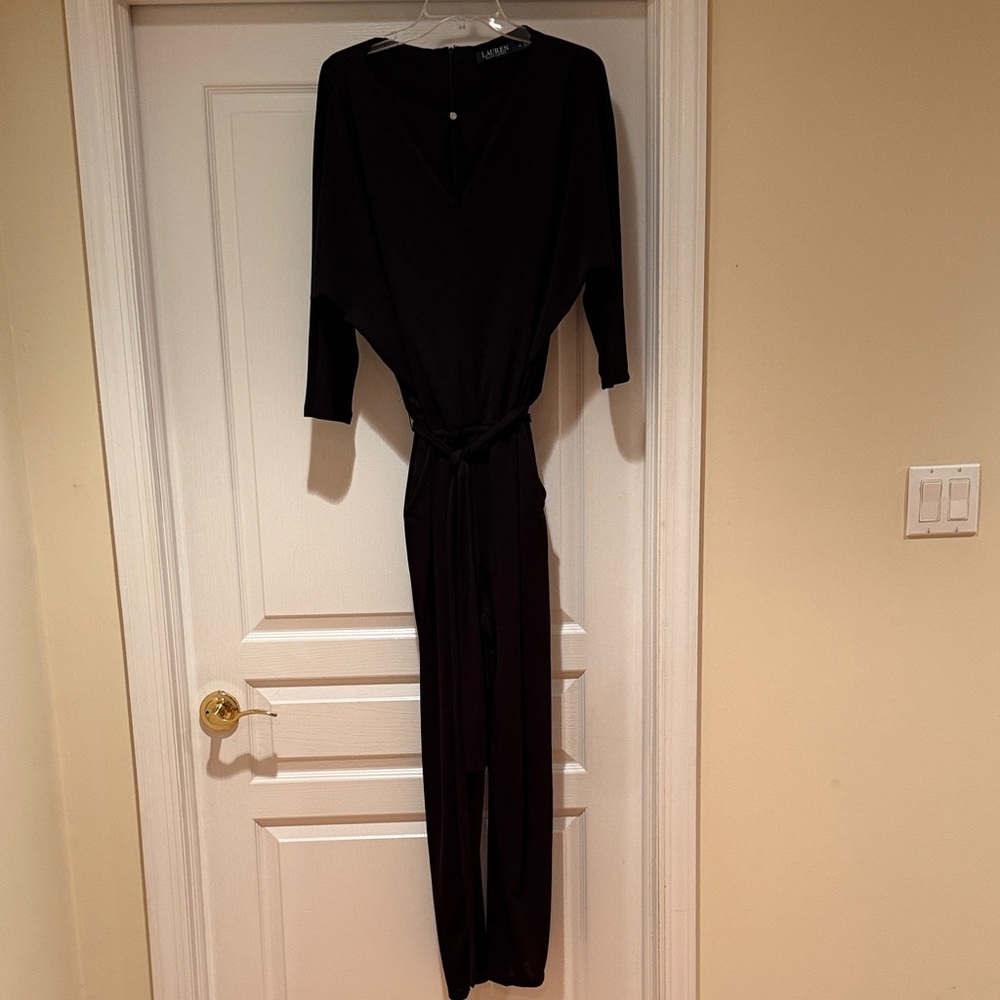 Lauren Ralph Lauren Black Long-Sleeve Jumpsuit with Tie Waist, Pockets, key hole